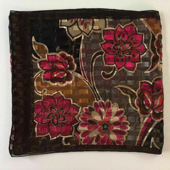 Elegant Gold Metallic Thread Pink Flowers on Black Shiny Floral Poly Scarf - Picture 6 of 6